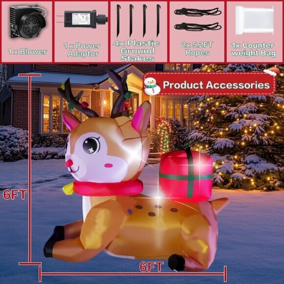 🆕6FT Christmas Inflatables Christmas Elk Blow up Yard Lawn Outdoor Decorations - Picture 5 of 10